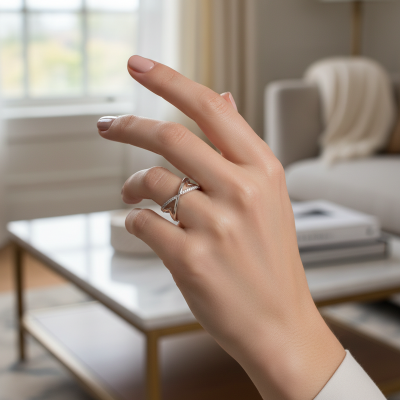 Sterling Silver Geometric CZ Ring on a womans hand.