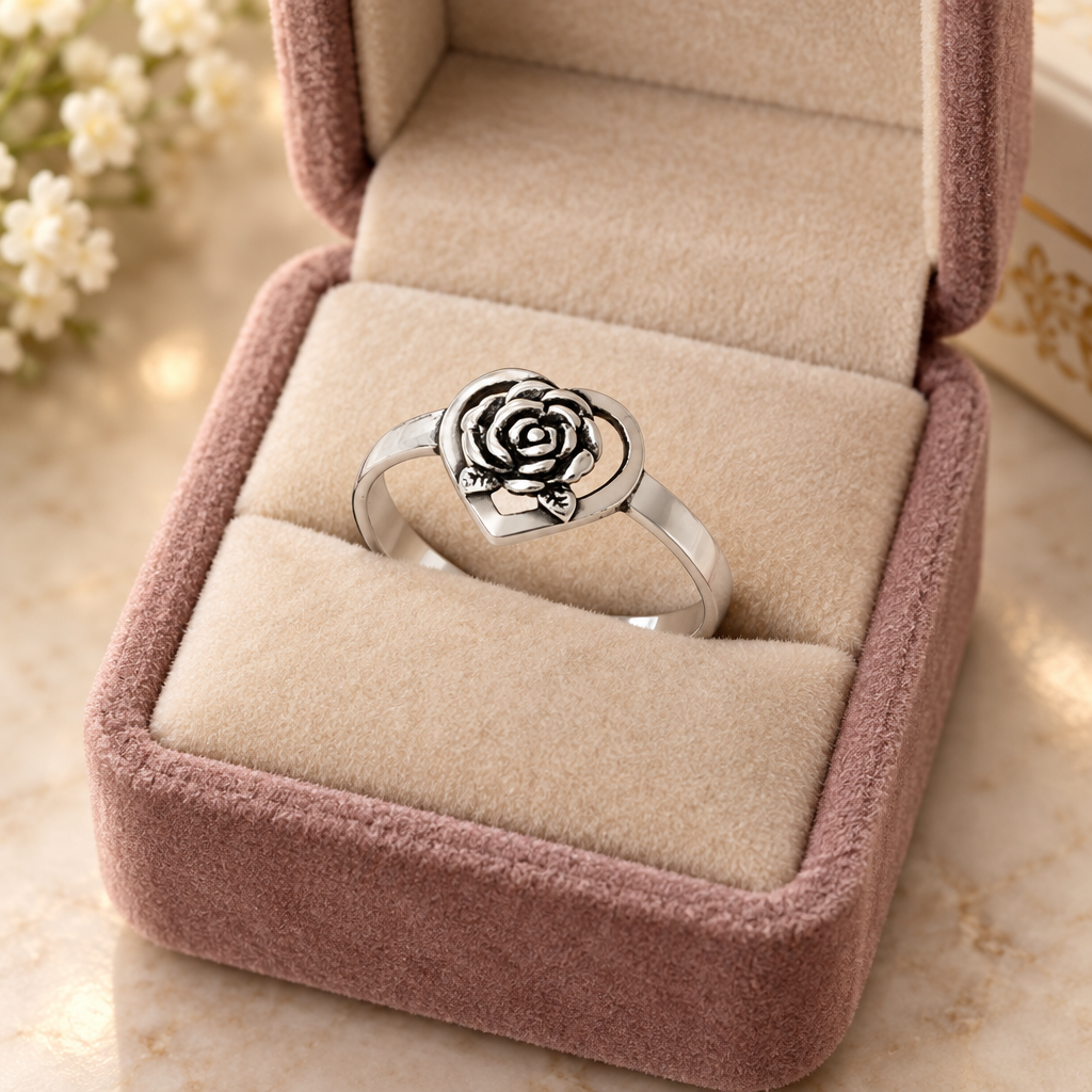 Sterling Silver Heart and Rose Ring in a jewelry box