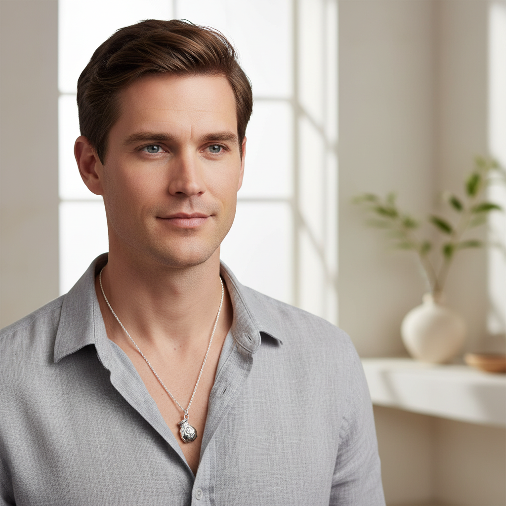 Sterling Silver Money Bags Pendant Necklace on a Man.