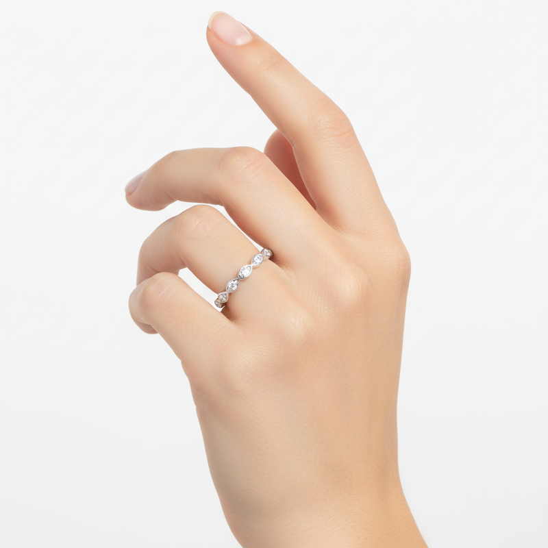 Sterling Silver Oval CZ Stackable Ring on a womans hand.