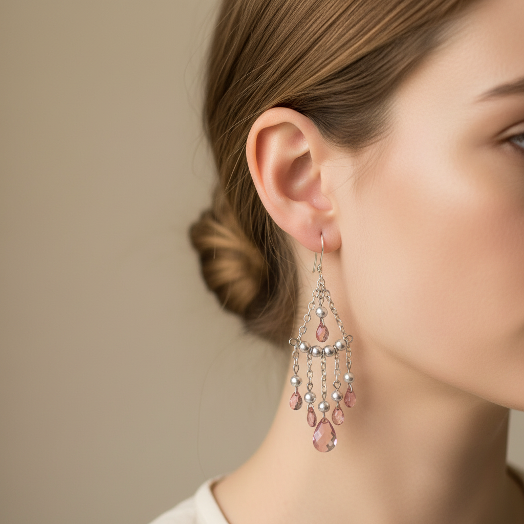 Sterling Silver Pink Chandelier Earrings on A Woman Model.