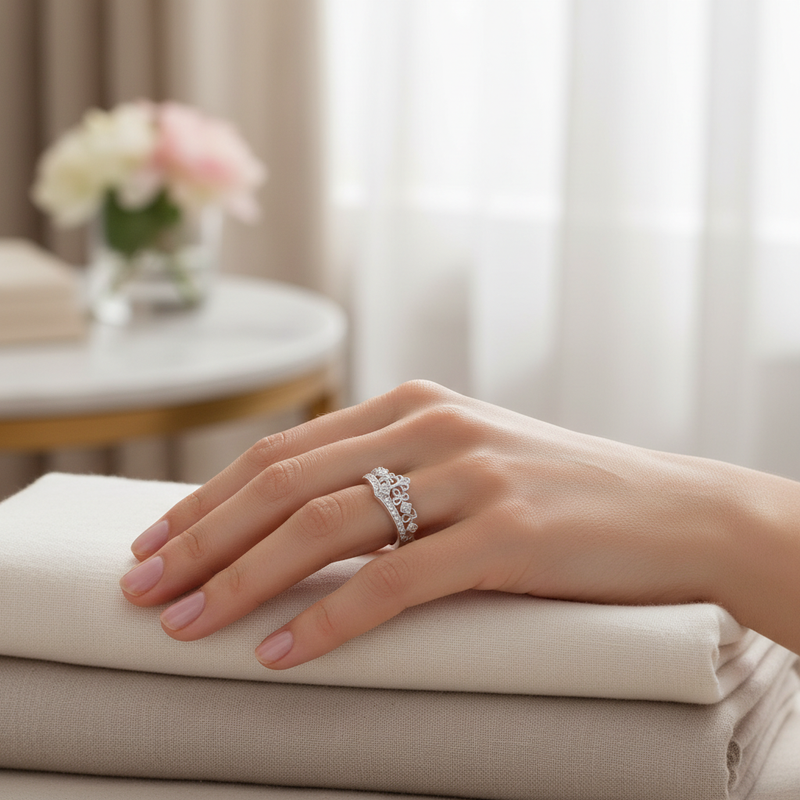 Sterling Silver Princess Crown Ring On A Womans Hand.