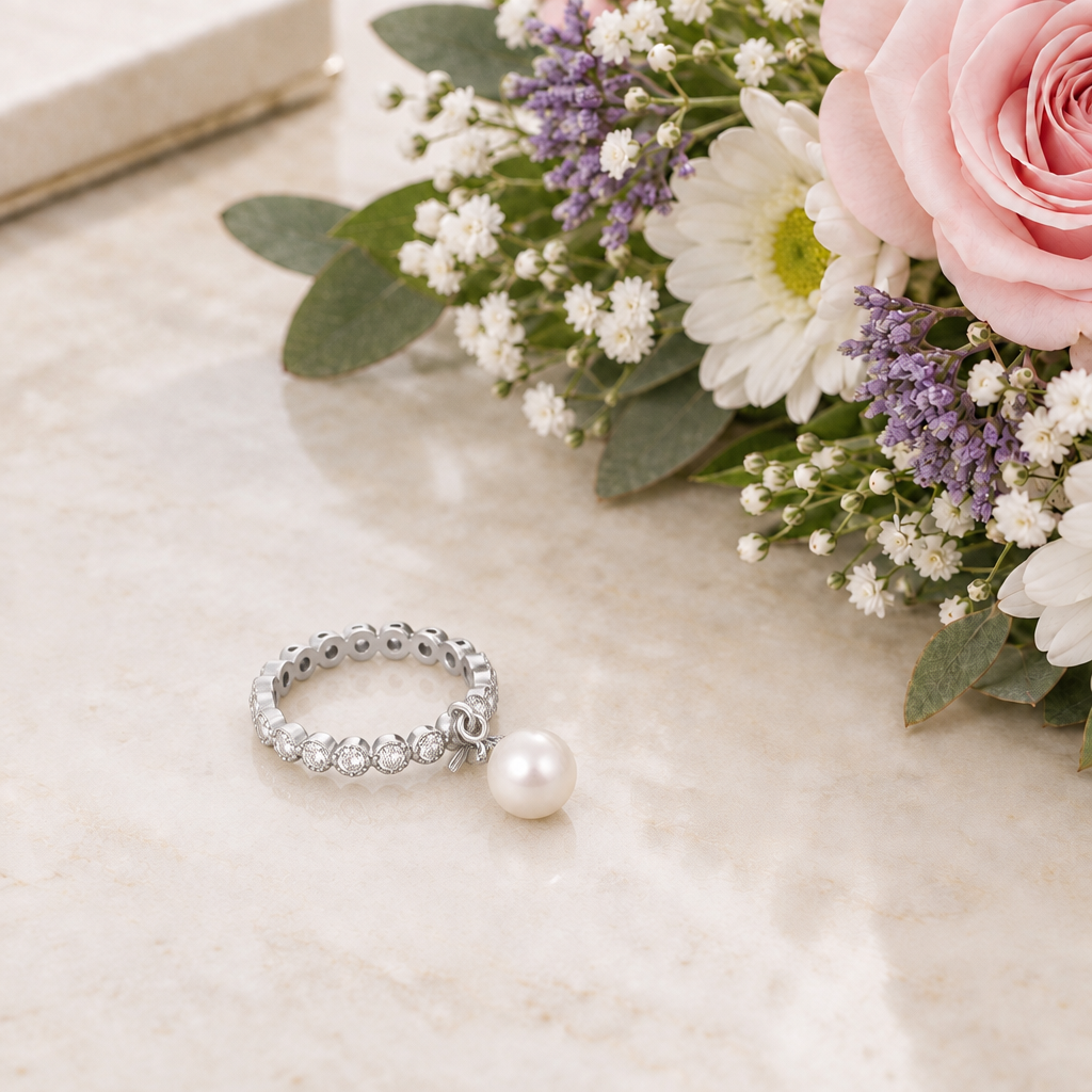 Sterling Silver Stackable CZ Ring With Drop Pearl on a table next to a bouquet of flowers