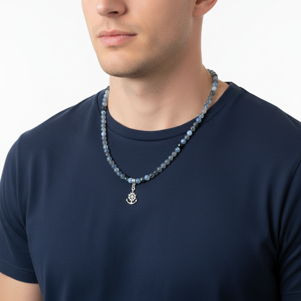 Storm Line Agate Anchor Necklace On A Man.