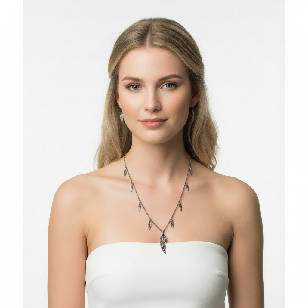 Tarnished Silver Feather and Peace Sign Pendant Necklace On a Model.