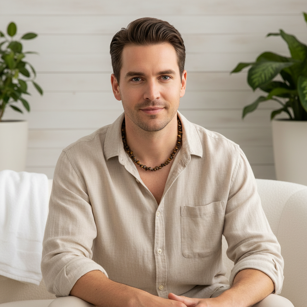 Tigers Eye Chip Mens Beaded Necklace On A Man.