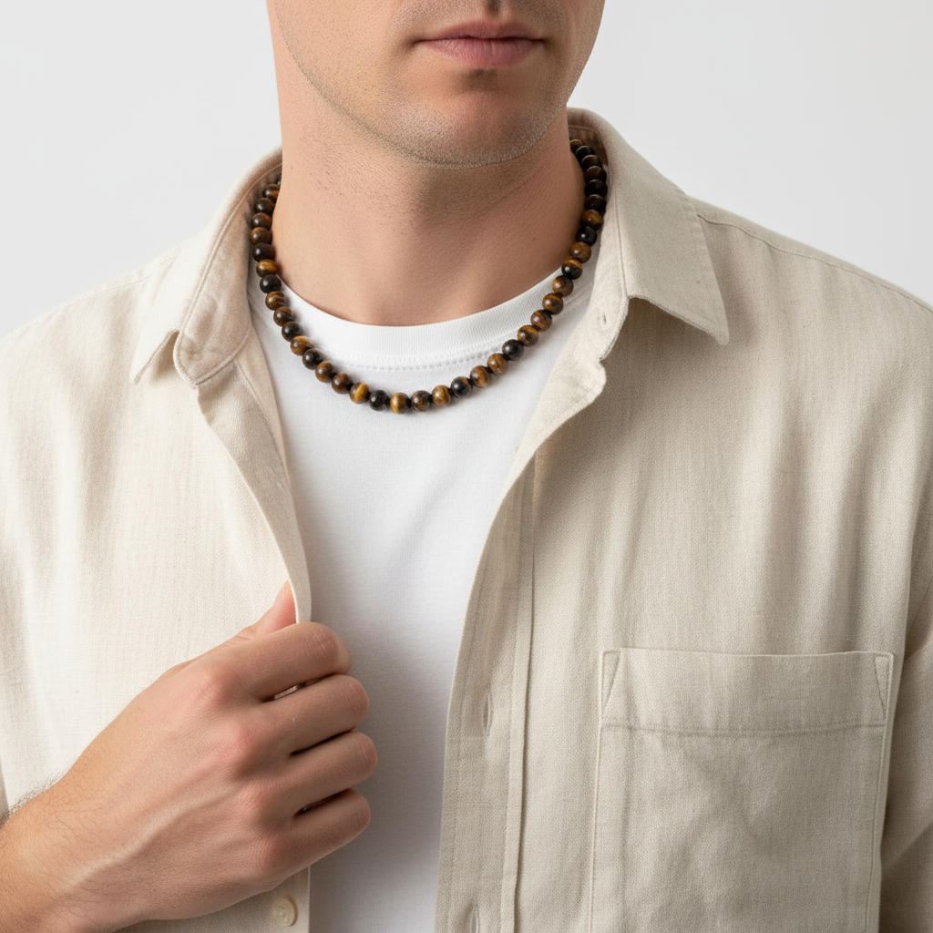 Tigers Eye Mens Necklace On A Man.