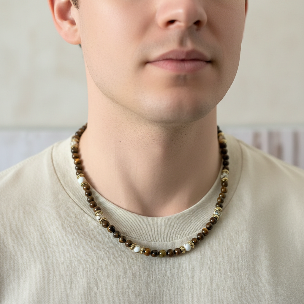 Tigers Iron and White Mosaic Mens Beaded Necklace On A Man.
