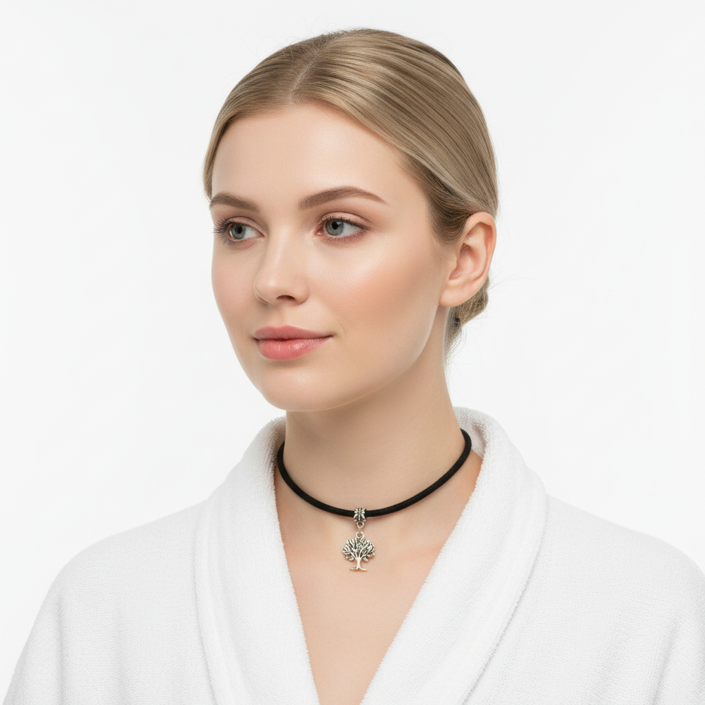 Tree of Life Silver Choker On a Model.