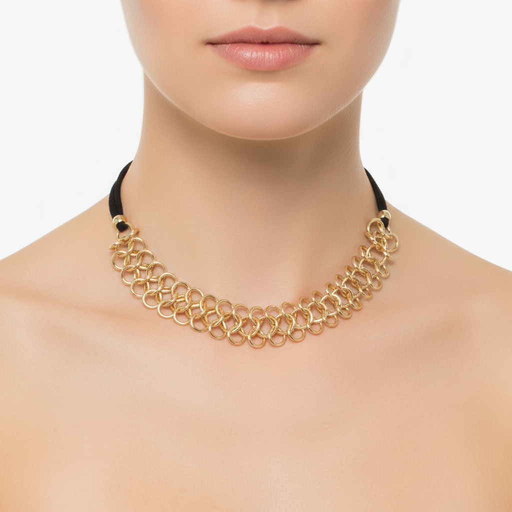 Triple Gold Chain and Black Suede On A Model.