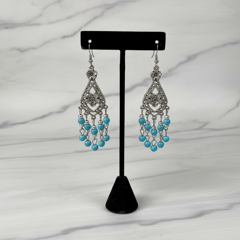 Royal Blue and Silver Beaded Flower Dangle Earrings.