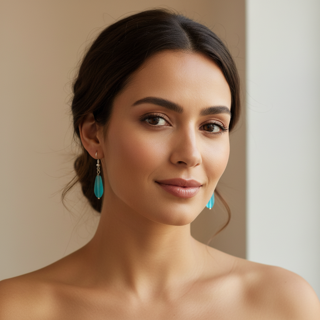 Turquoise Blue Glass Drop Dangle Earrings.