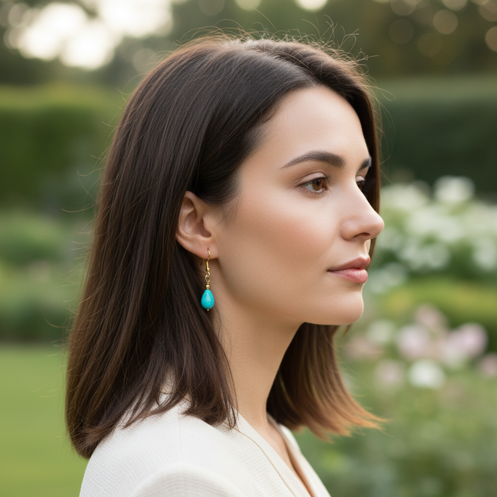 Turquoise earrings on woman model outdoors