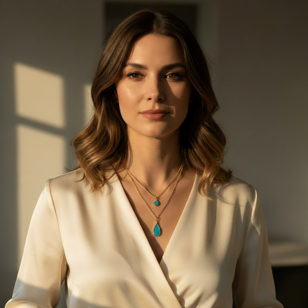 Turquoise Enamel Teardrop Layered Gold Chain Necklace On A Woman.