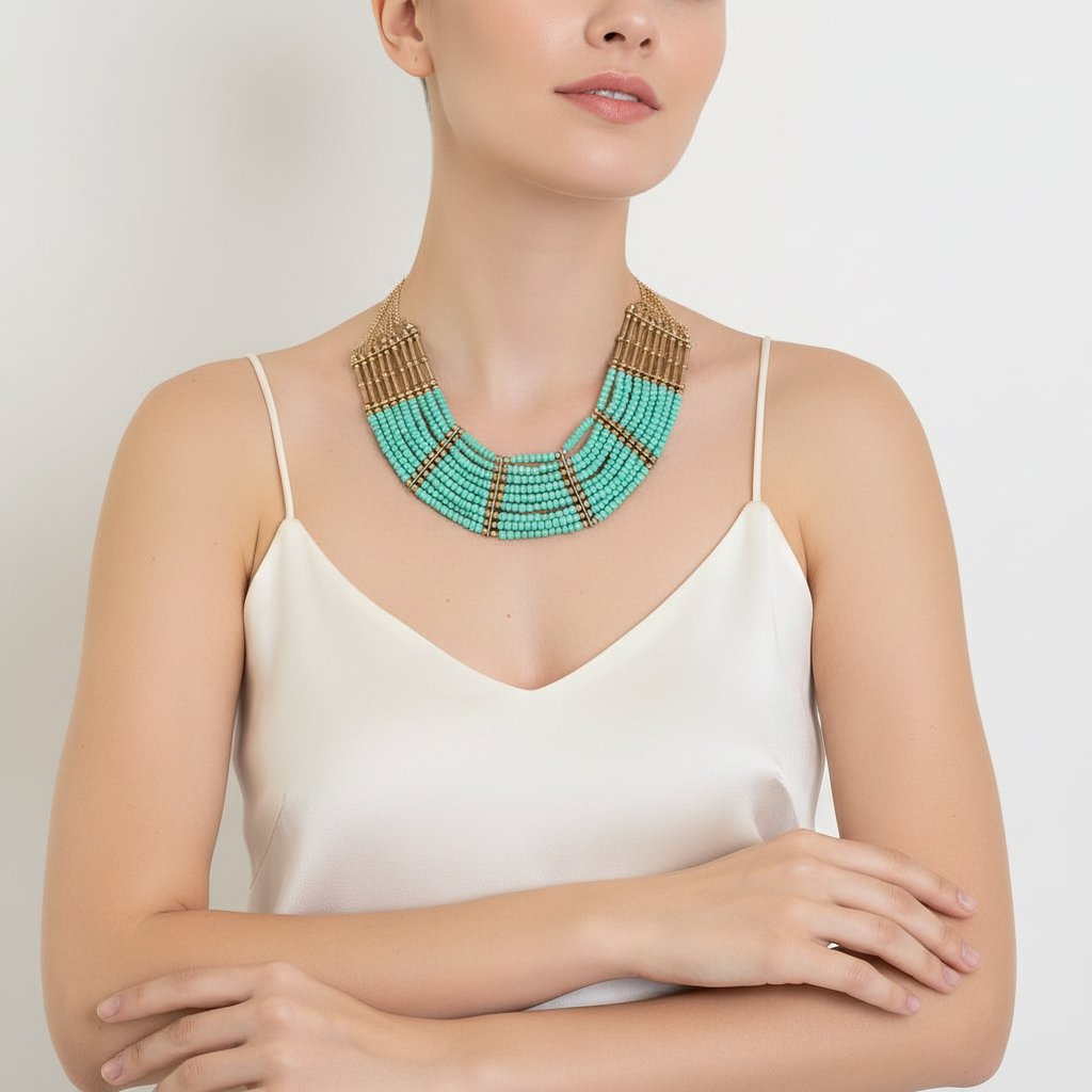 Turquoise Green and Gold Seed Bead Necklace.