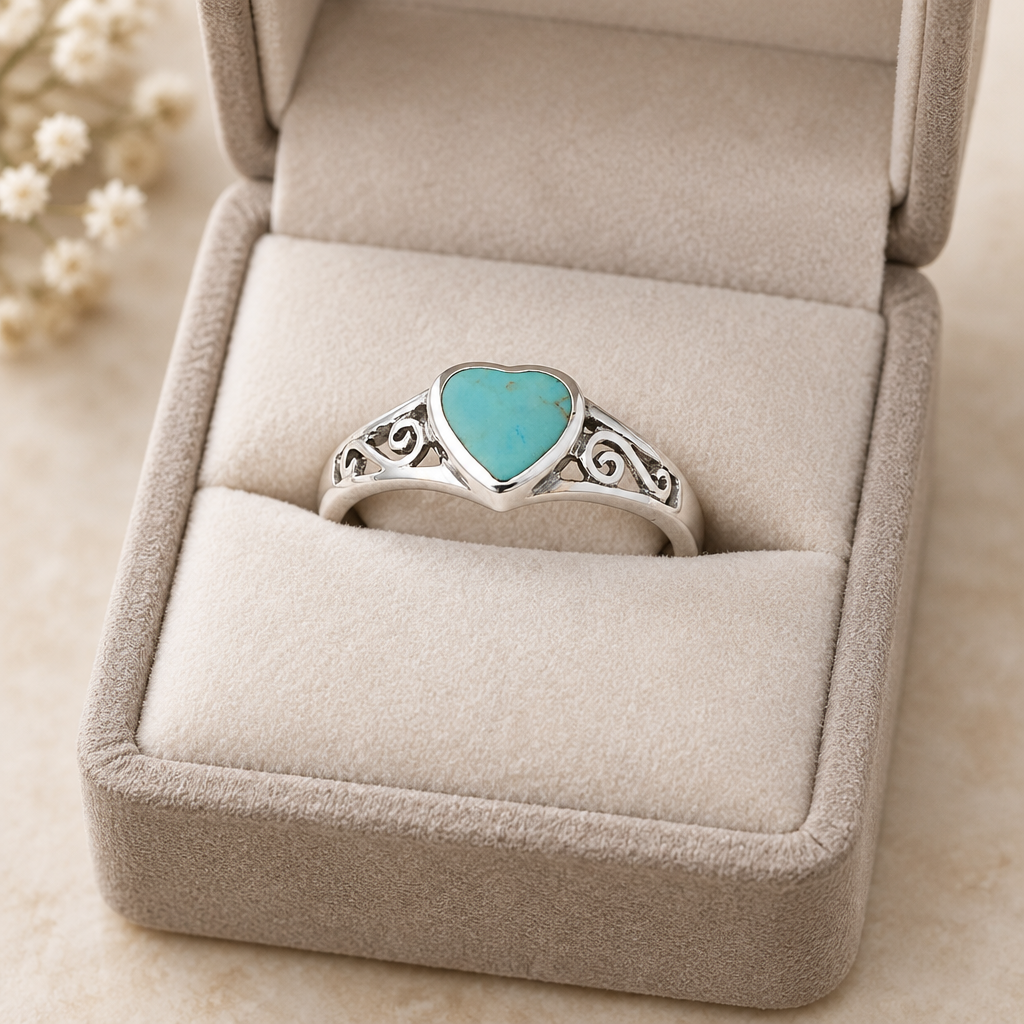 Turquoise Heart Sterling Silver Ring inside a jewelry box