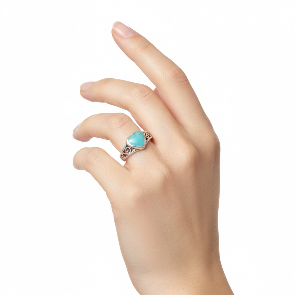 Turquoise heart ring on a womans hand