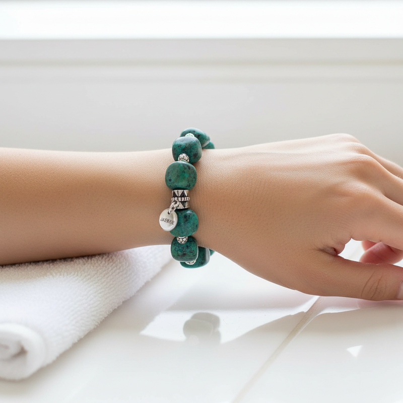 Turquoise Nugget Beaded Bracelet On A Wrist.