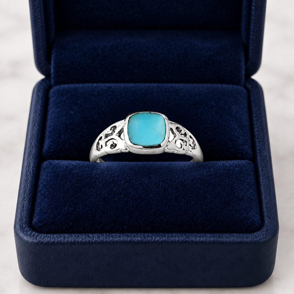 Turquoise Square Stone Sterling Silver Ring inside a jewelry box