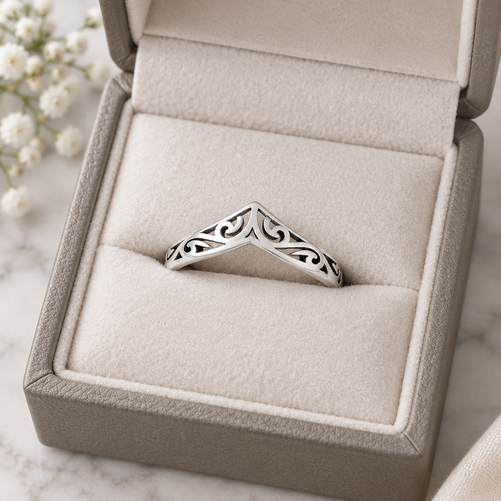V Shaped Swirl Design Sterling Silver Ring in a jewelry box