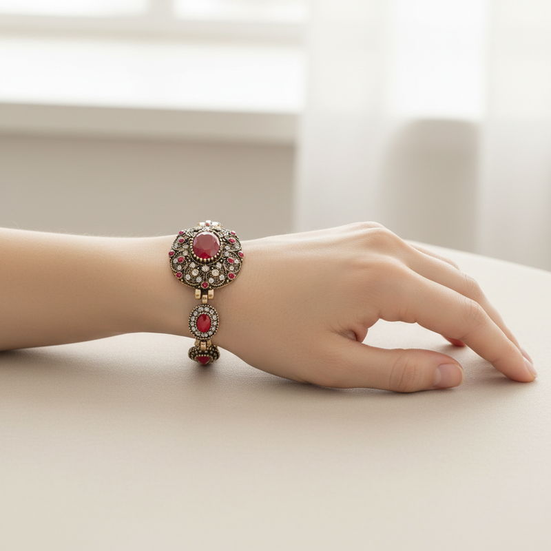 Vintage Gold Link Bracelet with Red Stones On A Womans Wrist.