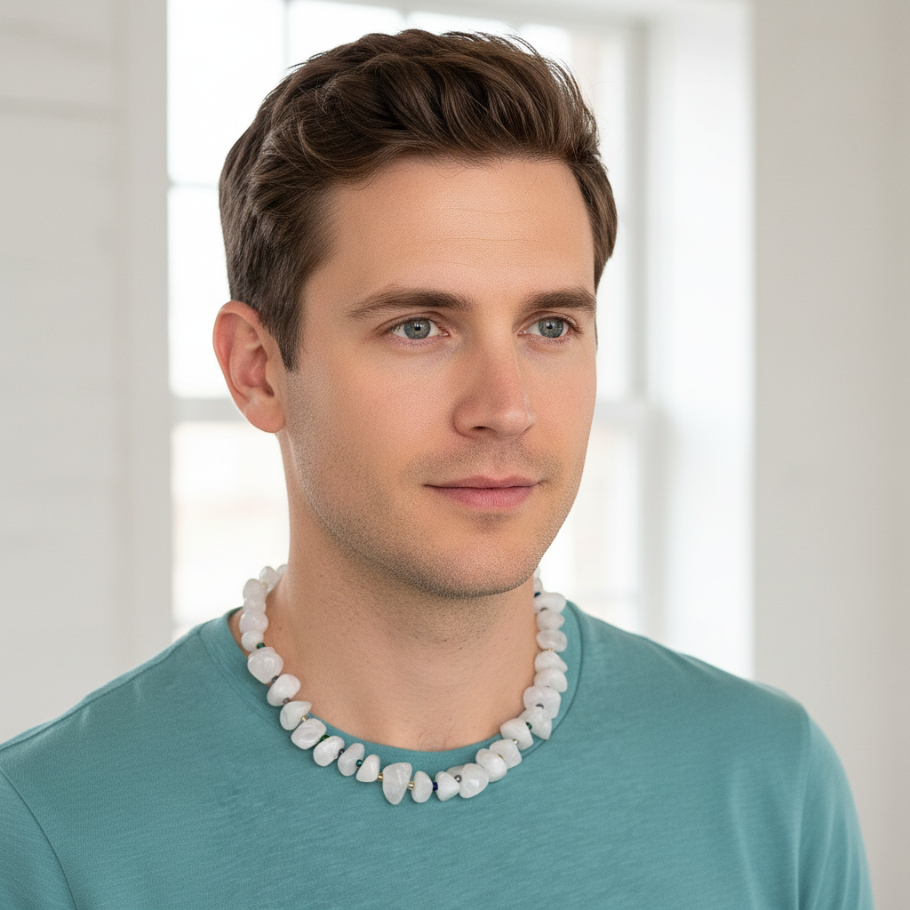 White Agate Mens Nugget Beaded Necklace On A Man.