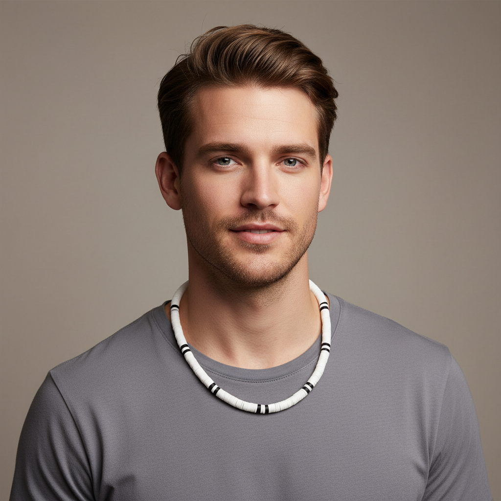 Mens White and Black Polymer Beaded Necklace On A Man.