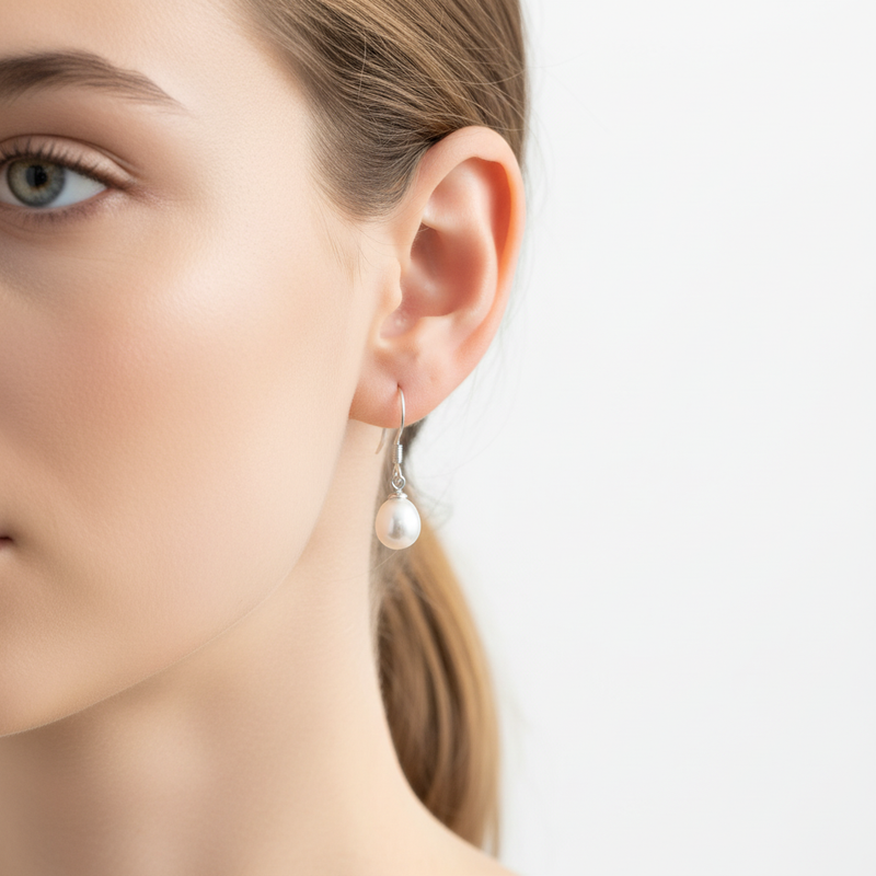 White Cultured Pearl Drop Earrings On A Woman.