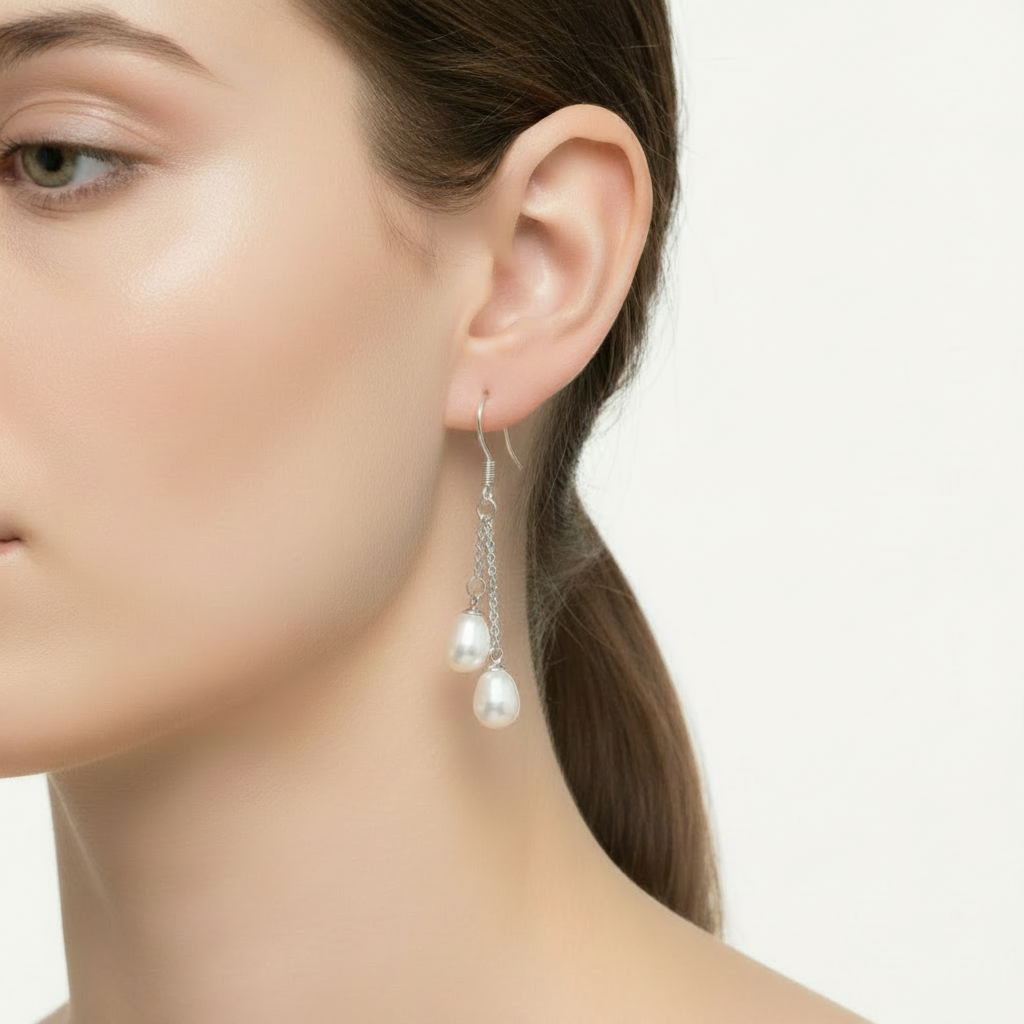 White Double Pearl Drop Earrings On A Woman Model