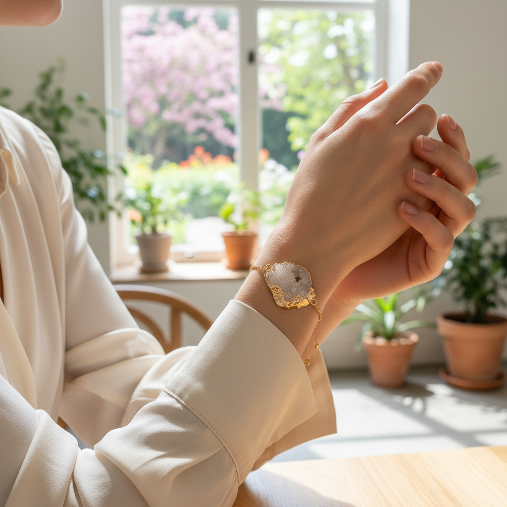 White Druzy Bracelet On A Womans Wrist