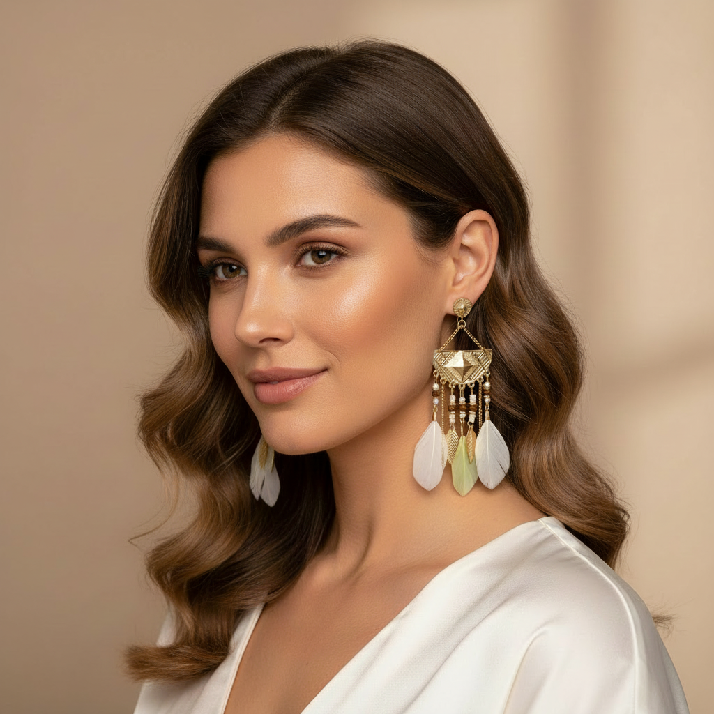 White Feather Earrings On A Model.