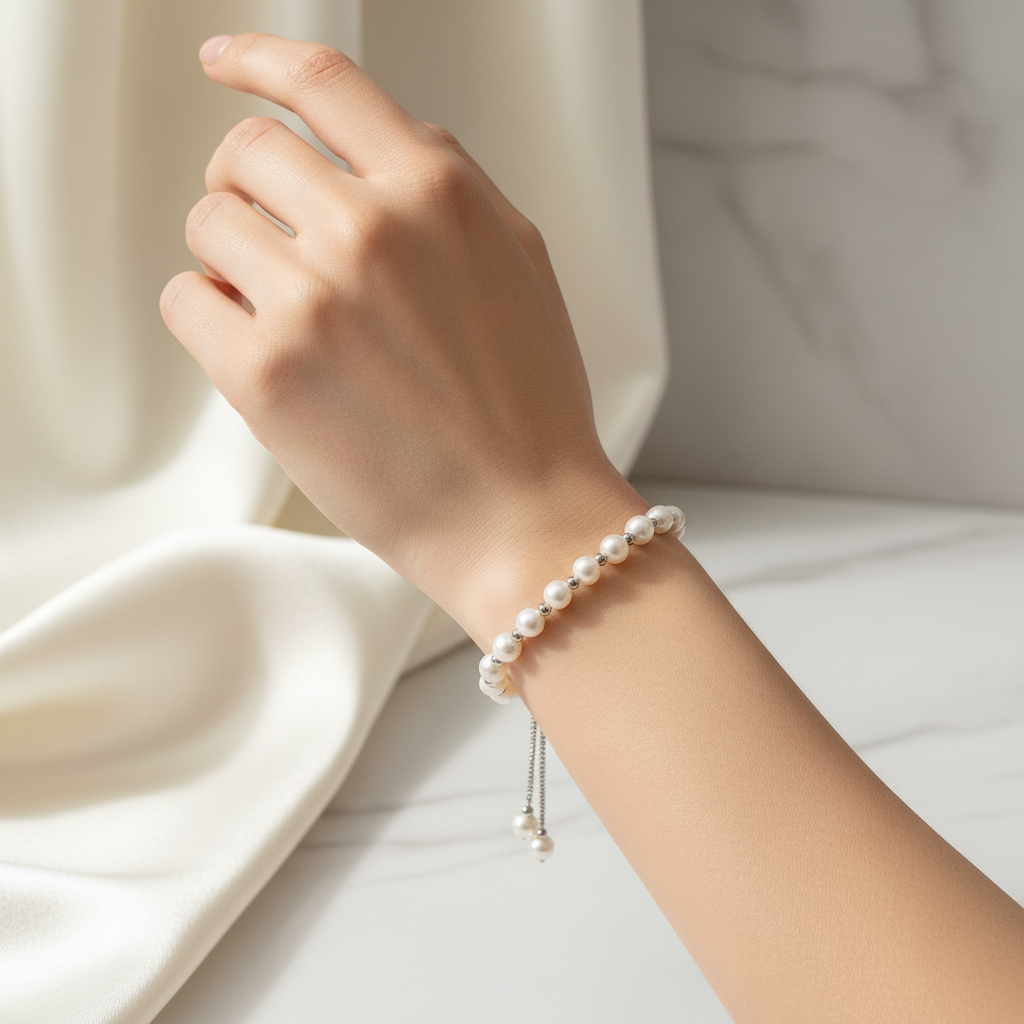 White Pearl and Sterling Silver Bolo Bracelet On A Womans Wrist.