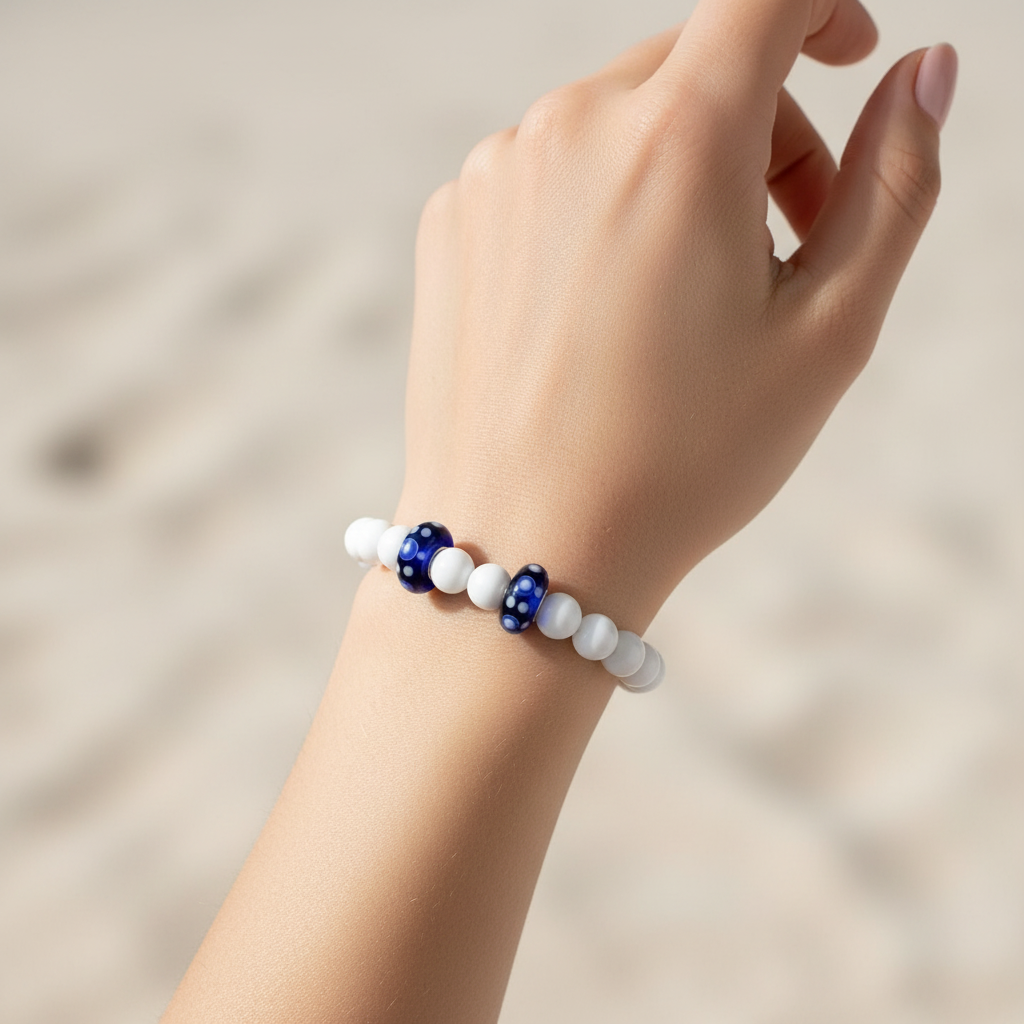 White Shell with Blue Glass Beaded Bracelet On a Wrist.