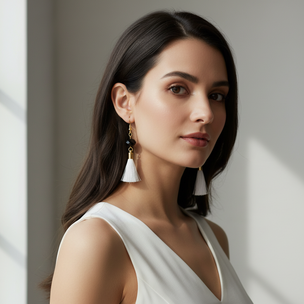 White Tassel and Black Crystal Dangle Earrings on Model.