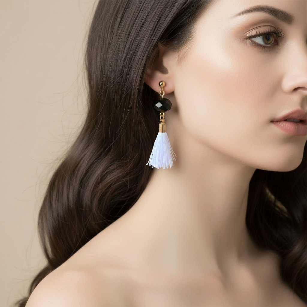White Tassel and Black Crystal Earring on Model.