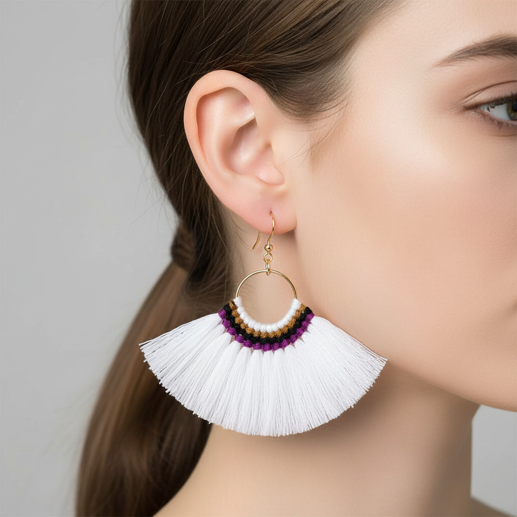 White Tassel Fan Dangle Earrings