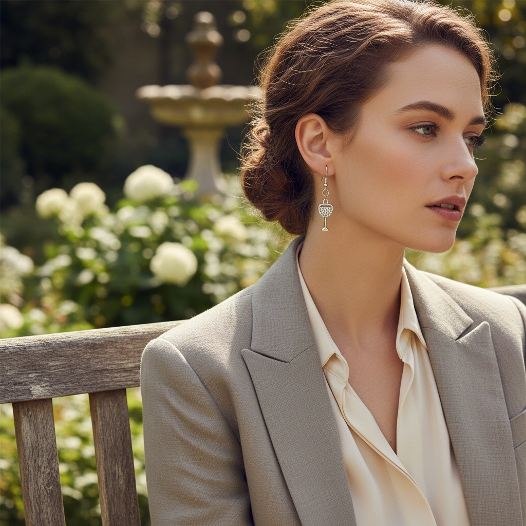 Wine glass drop earrings on model.