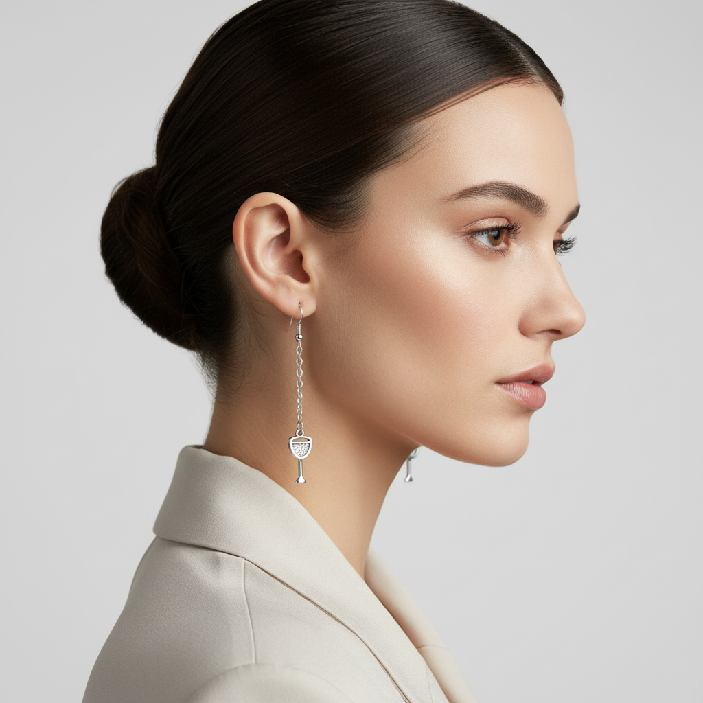 Silver Wine glass earrings on model.