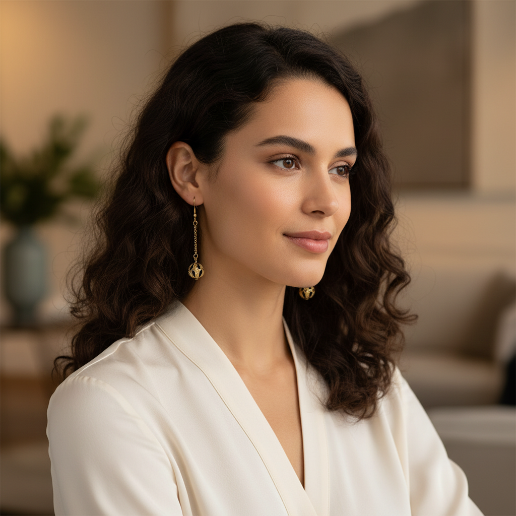 Woman wearing Navy Blue and Gold Cloisonne Dangle Earrings.