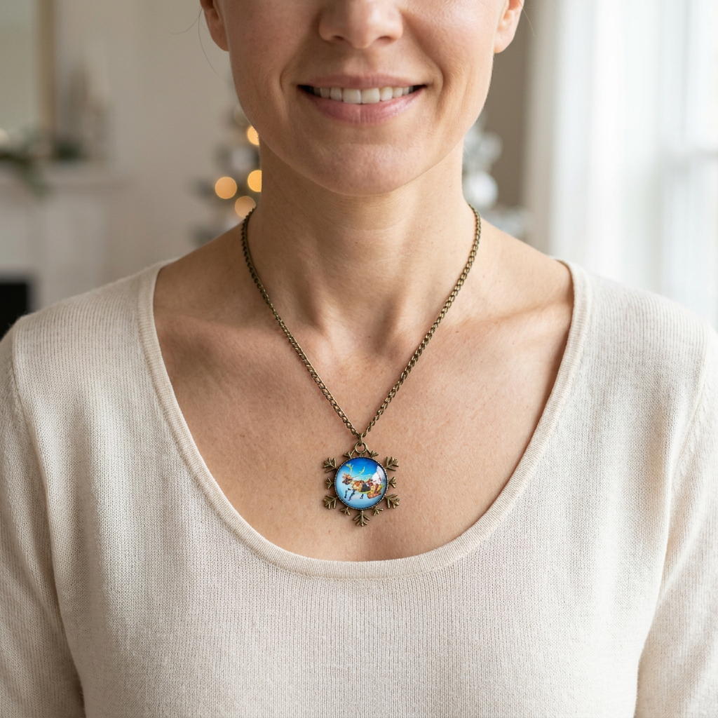 Santa Clause Christmas Cabochon Snowflake Necklace on a woman,