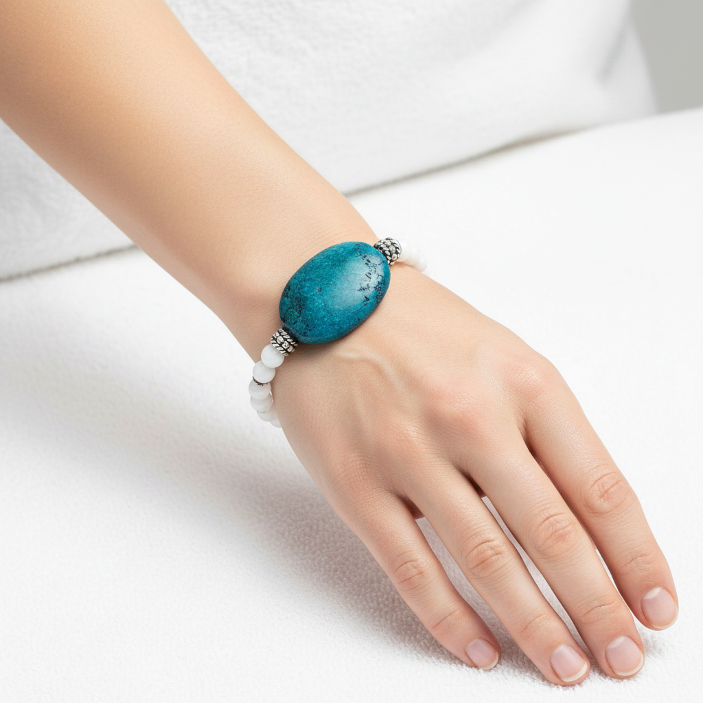 Yellow Turquoise Stone and White Czech Beaded Bracelet On A Womans Hand