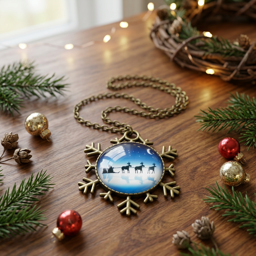 Santa's Sleigh Christmas Snowflake Pendant Necklace on a table beside Christmas decor