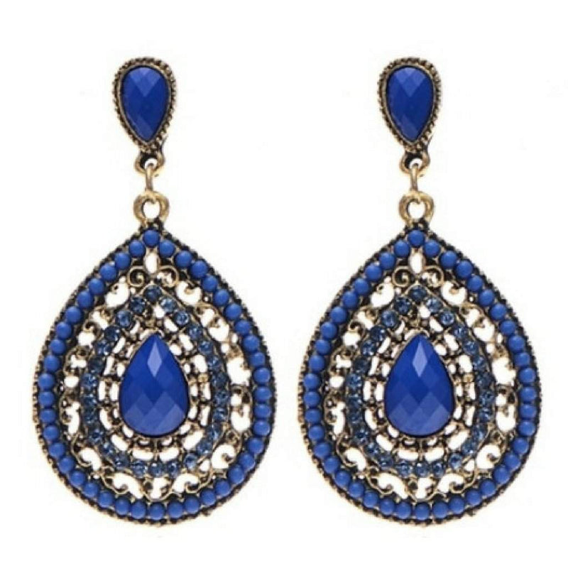 Blue Crystal Pear Shaped Bohemian Stud Earrings-Blue,Dangle Earrings,Gold Earrings
