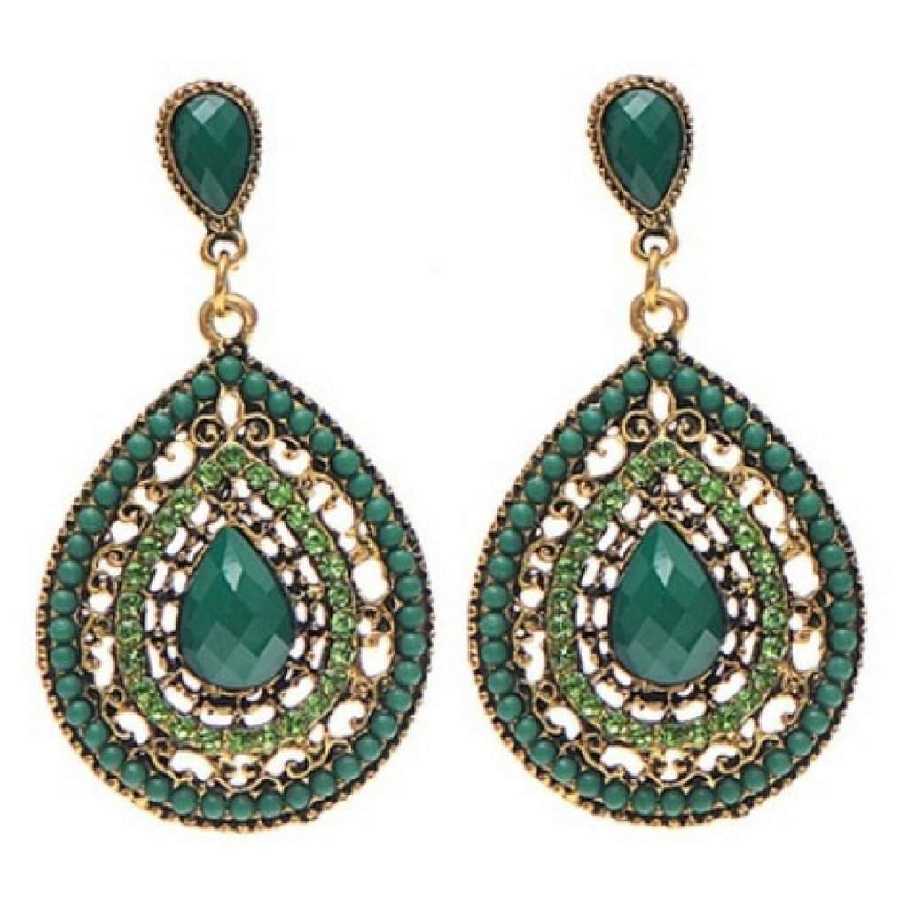 Green Crystal Pear Shaped Bohemian Stud Earrings-Dangle Earrings,Gold Earrings,Green