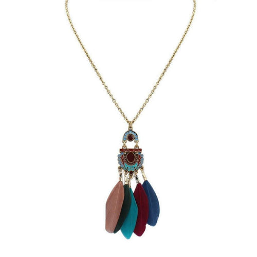 Long Multi Colored Feather Pendant Necklace-Blue,Gold Necklaces,Long Necklaces,Red