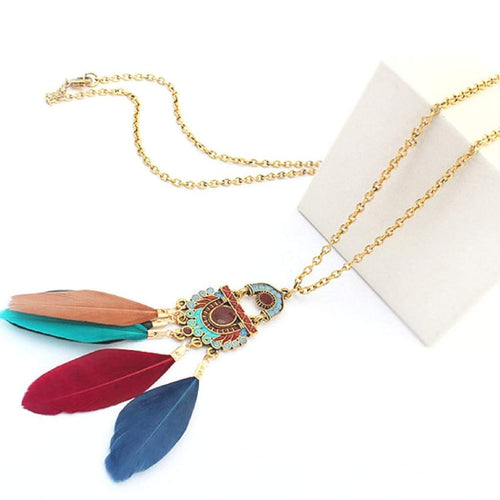 Long Multi Colored Feather Pendant Necklace-Blue,Gold Necklaces,Long Necklaces,Red