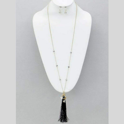 Black Tassel and Crystal Gold Chain Long Necklace-Black,Gold Necklaces,Long Necklaces,Tassel Necklaces