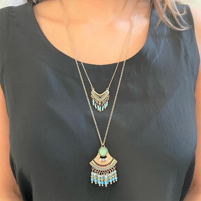 Bohemian Style Turquoise Double Layered Fringe Necklace - JaeBee