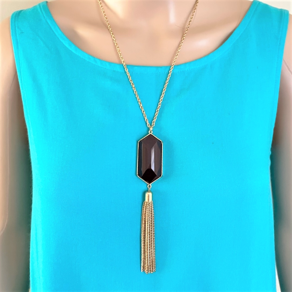Brown Resin Stone and Gold Tassel Long Necklace