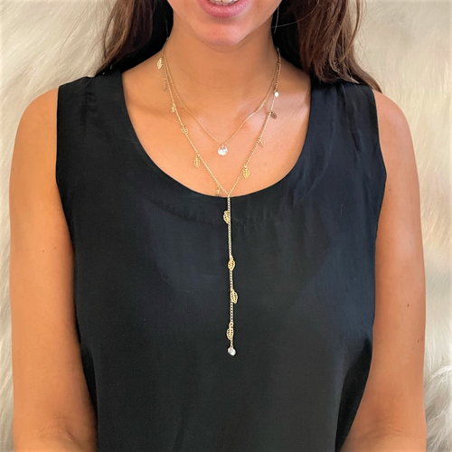 Double Layered Gold Leaf Y Necklace - JaeBee